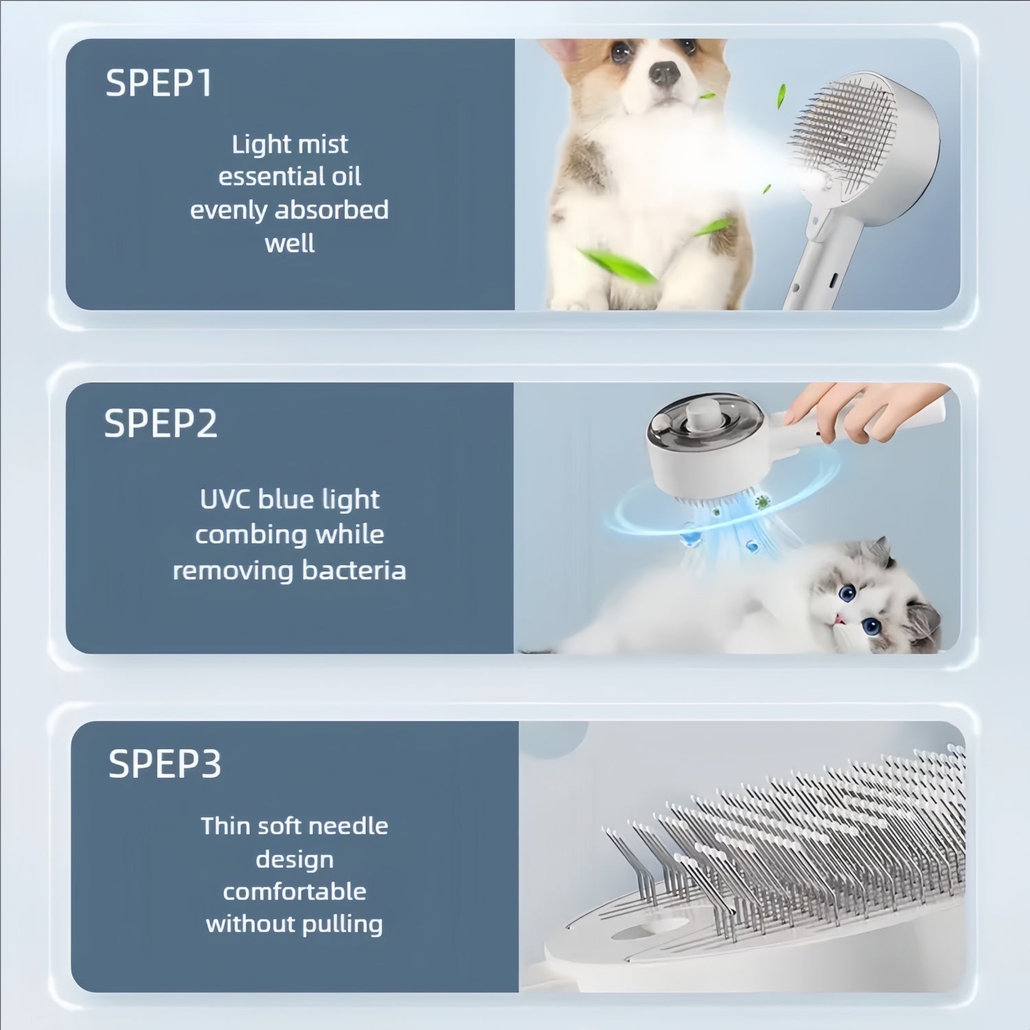 UV Sterilization Pet Comb with Antibacterial Spray, Detangling Soft Needles & One-Key Cleaning