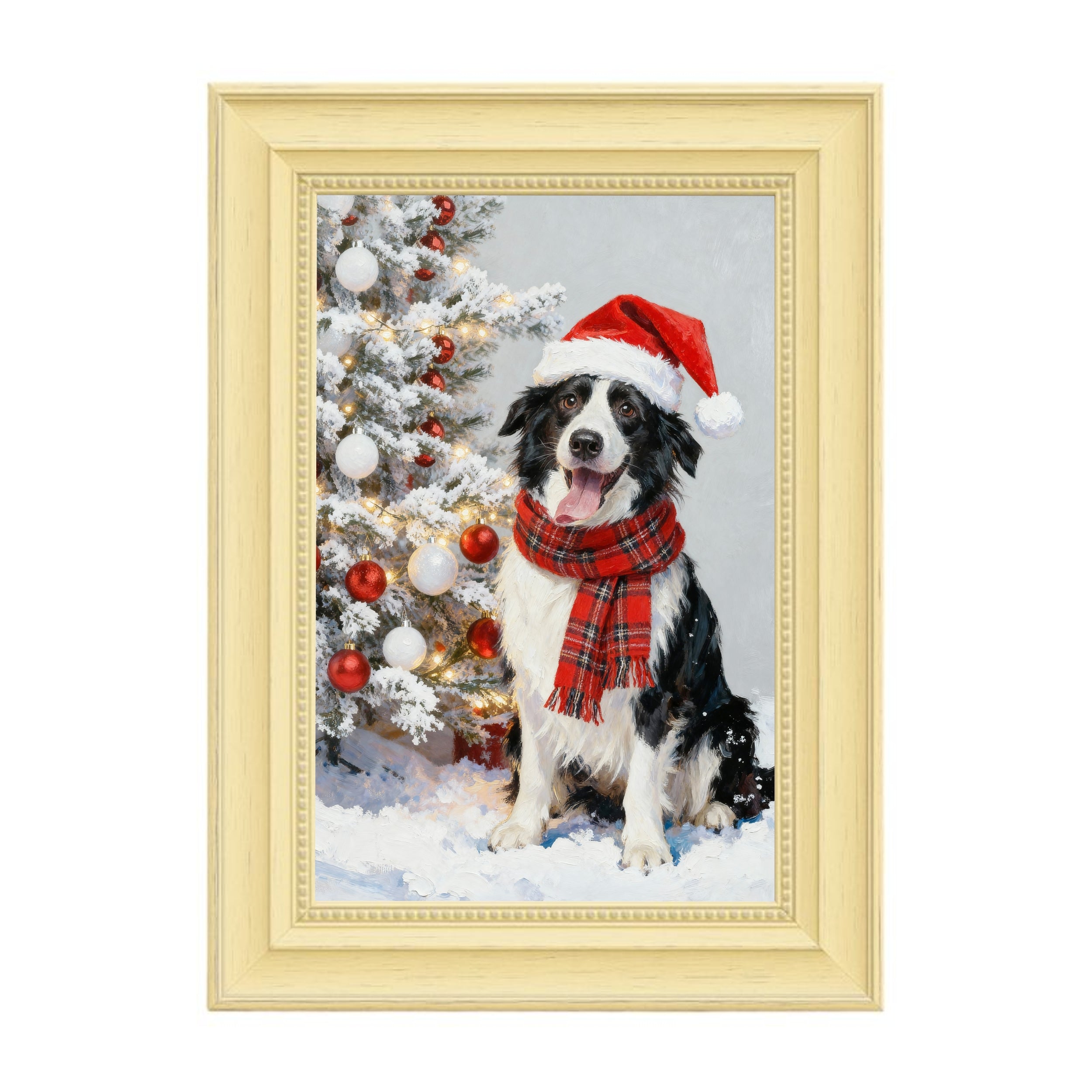 Personalized Christmas Pet Portrait – Custom Pet Painting with Santa Hat &amp; Plaid Scarf | Holiday Gift for Pet Lovers