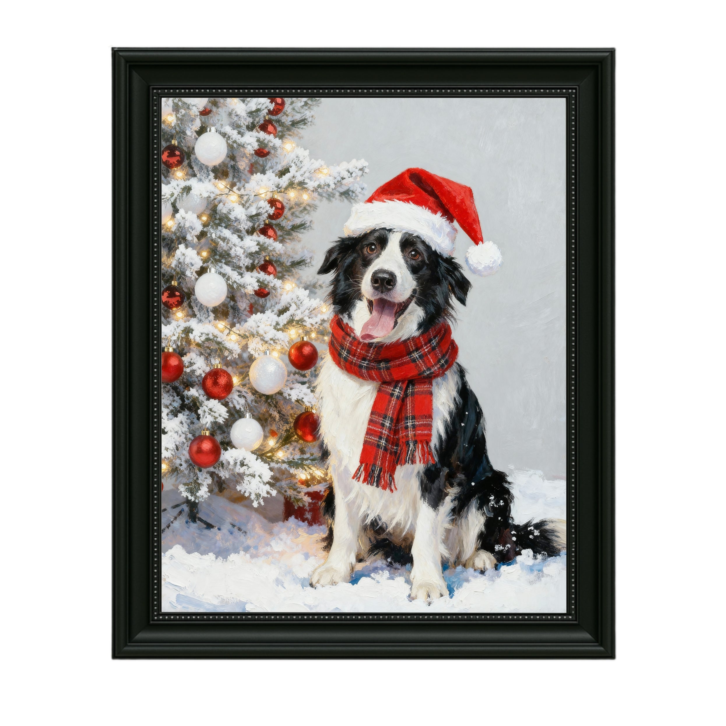 Personalized Christmas Pet Portrait – Custom Pet Painting with Santa Hat &amp; Plaid Scarf | Holiday Gift for Pet Lovers