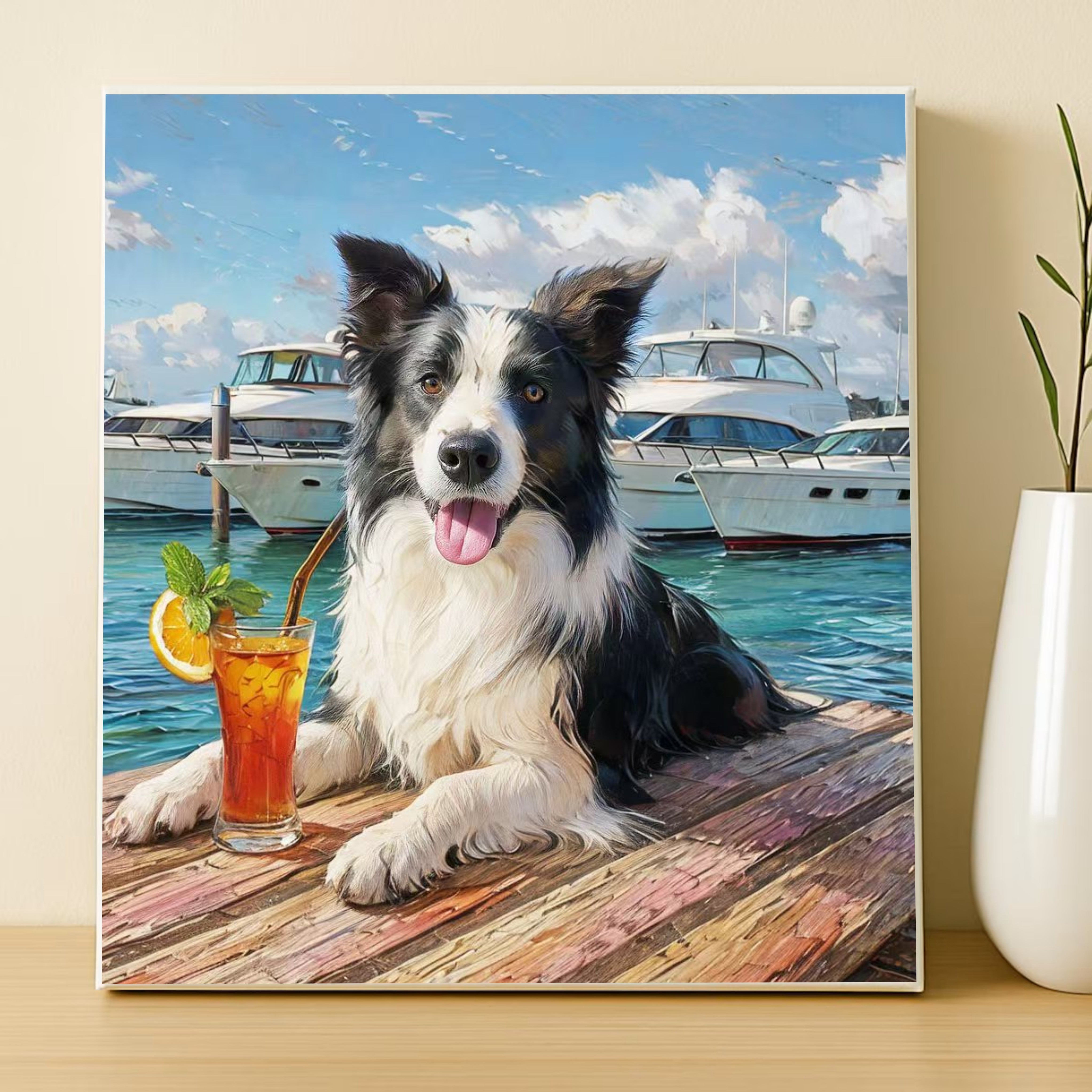 Custom Oil Painting Sailor Border Collie Pawtrait – Australia Yacht Club & Beach Edition | Custom