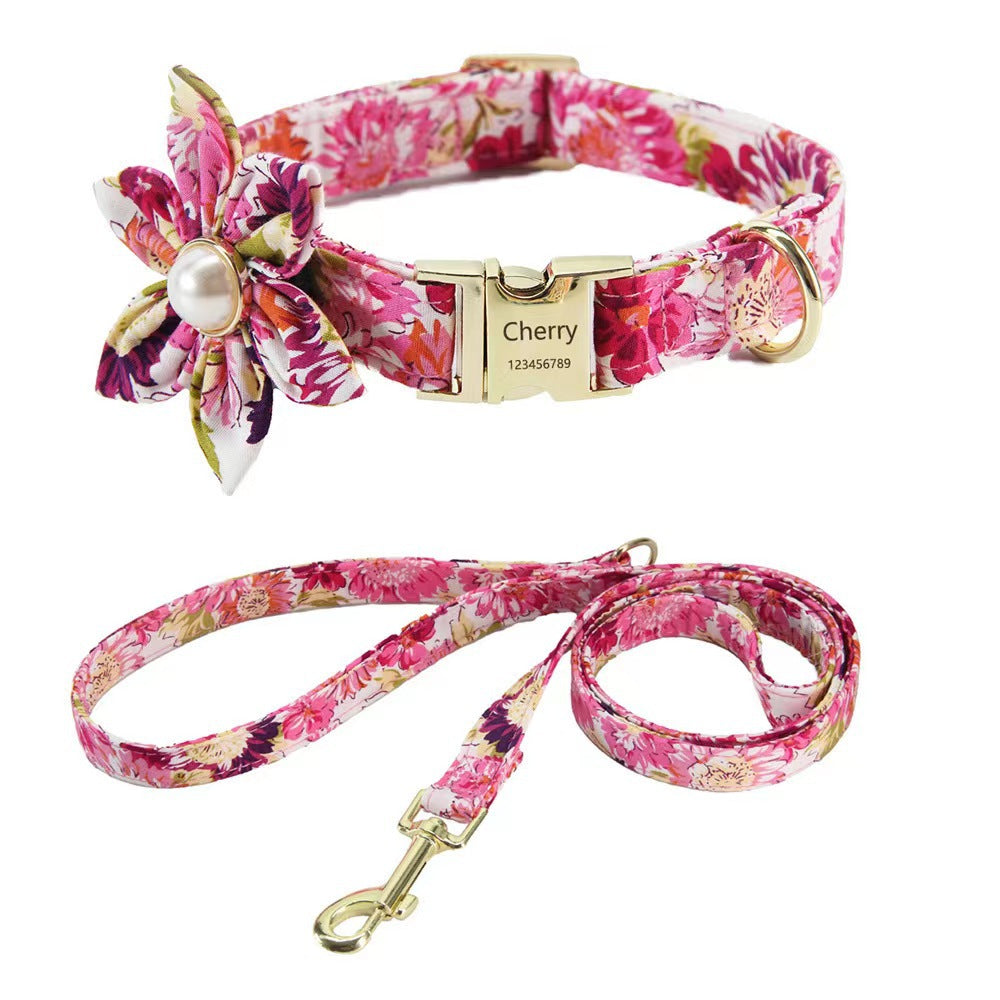 Floral Engraved Pet Collar – Custom Name & Phone Number, Pearl Bow Tie Cat Collar, Anti-Lost Dog Collar