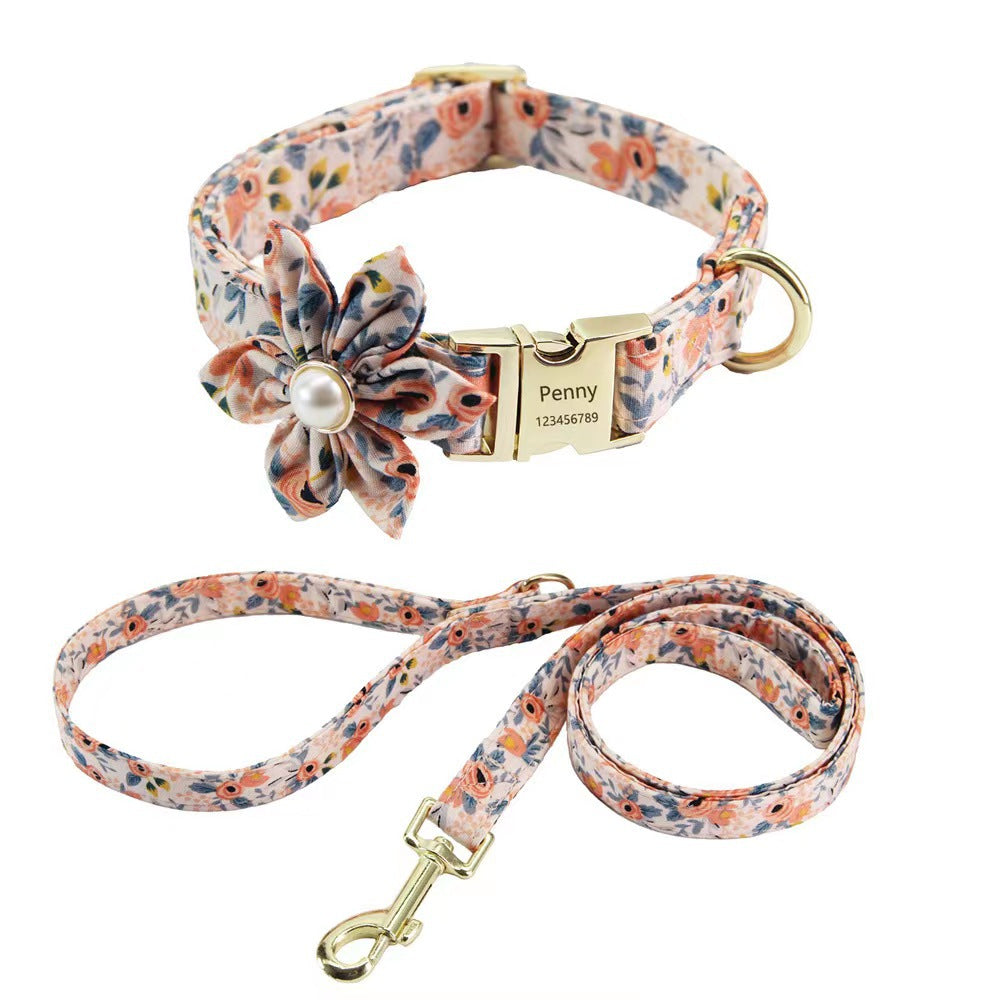 Floral Engraved Pet Collar – Custom Name & Phone Number, Pearl Bow Tie Cat Collar, Anti-Lost Dog Collar