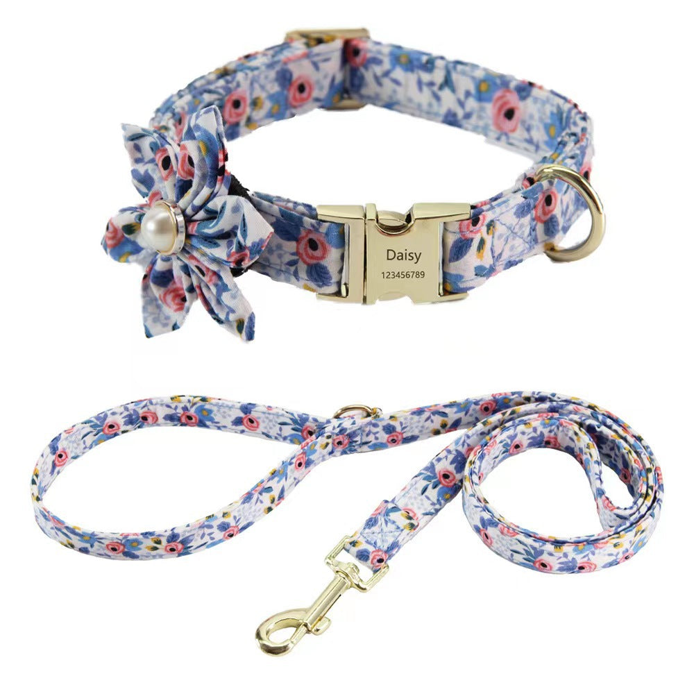 Floral Engraved Pet Collar – Custom Name & Phone Number, Pearl Bow Tie Cat Collar, Anti-Lost Dog Collar