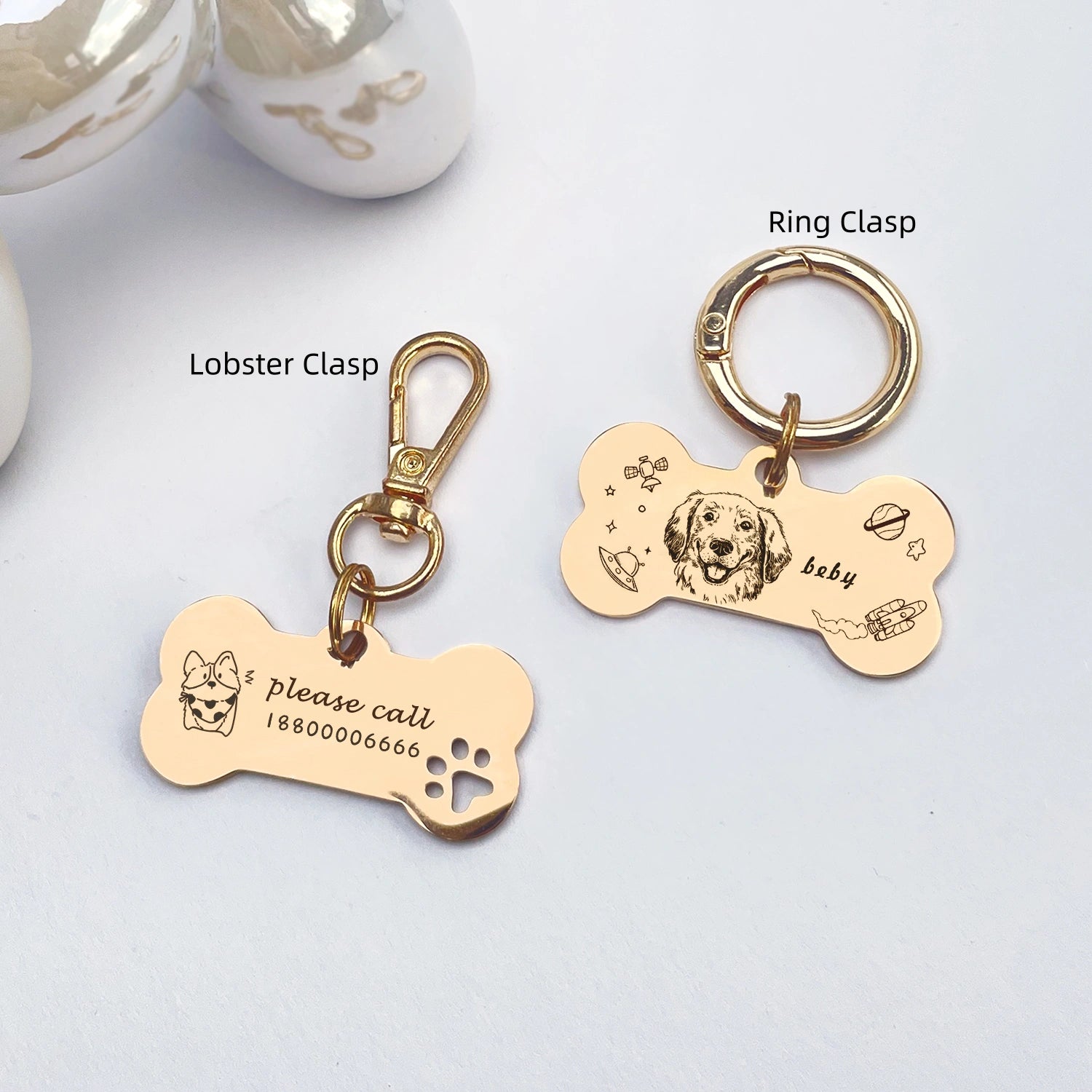 Hand-Drawn Custom Pet ID Tag, Personalized Dog Bone Shaped Anti-Lost Tag