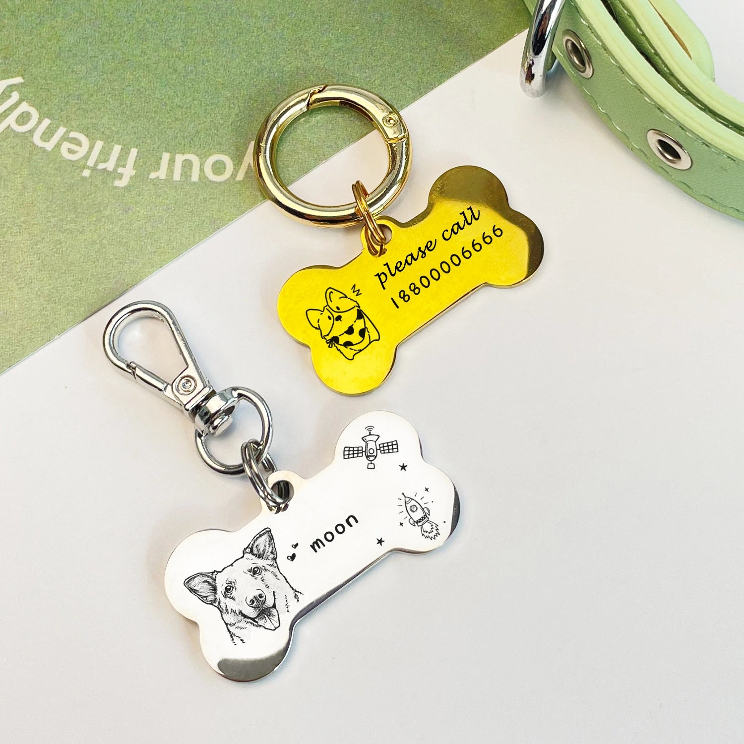 Hand-Drawn Custom Pet ID Tag, Personalized Dog Bone Shaped Anti-Lost Tag