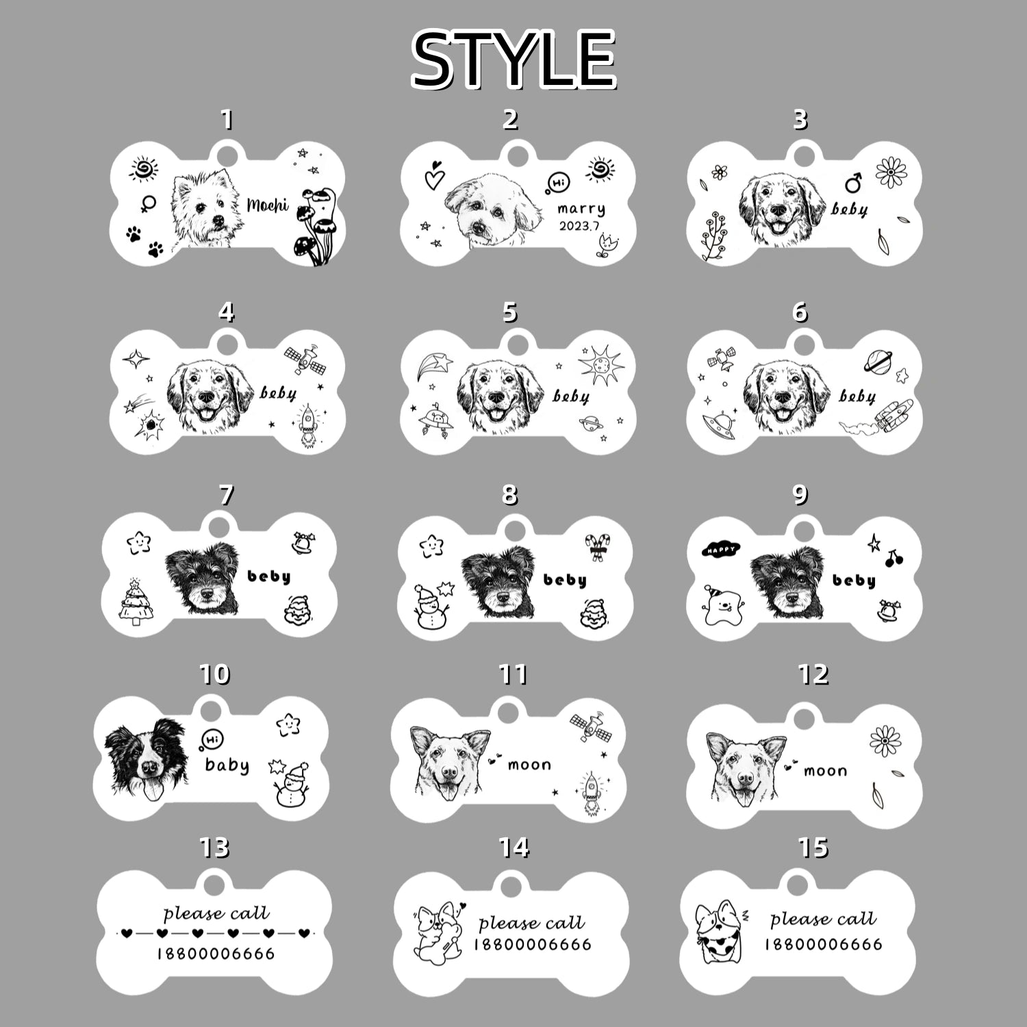 Hand-Drawn Custom Pet ID Tag, Personalized Dog Bone Shaped Anti-Lost Tag